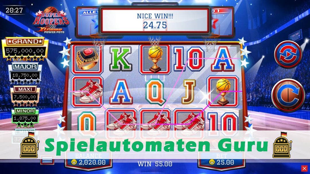 Screenshot der Demo-Version des Spiels Super Hoopers – Xtreme Power Pots Demo des Spielautomaten Super Hoopers – Xtreme Power Pots
