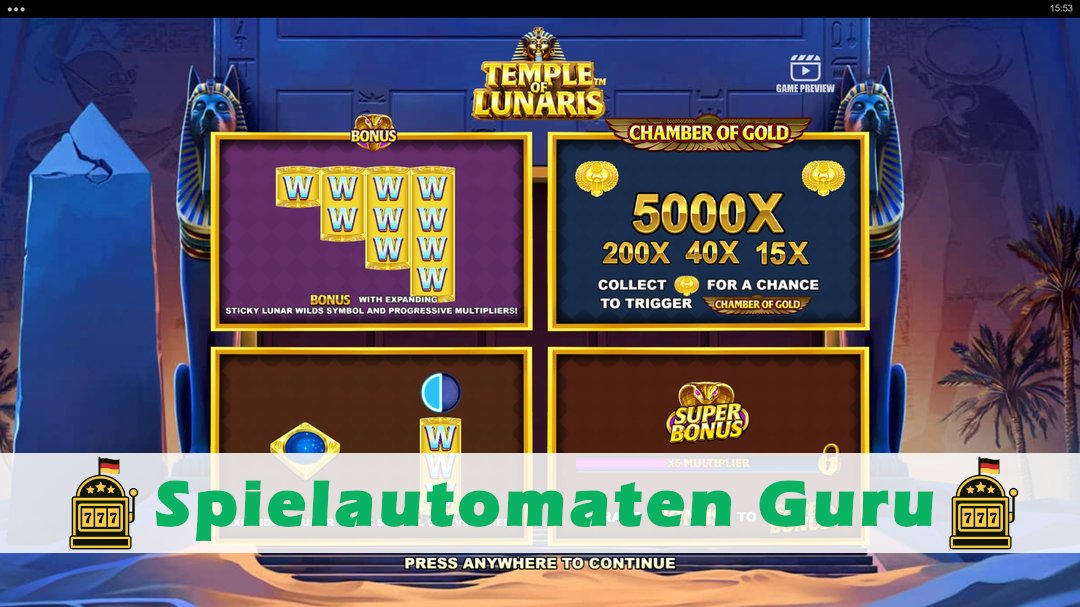 Screenshot der Demo-Version des Spiels Temple of Lunaris Demo des Spielautomaten Temple of Lunaris