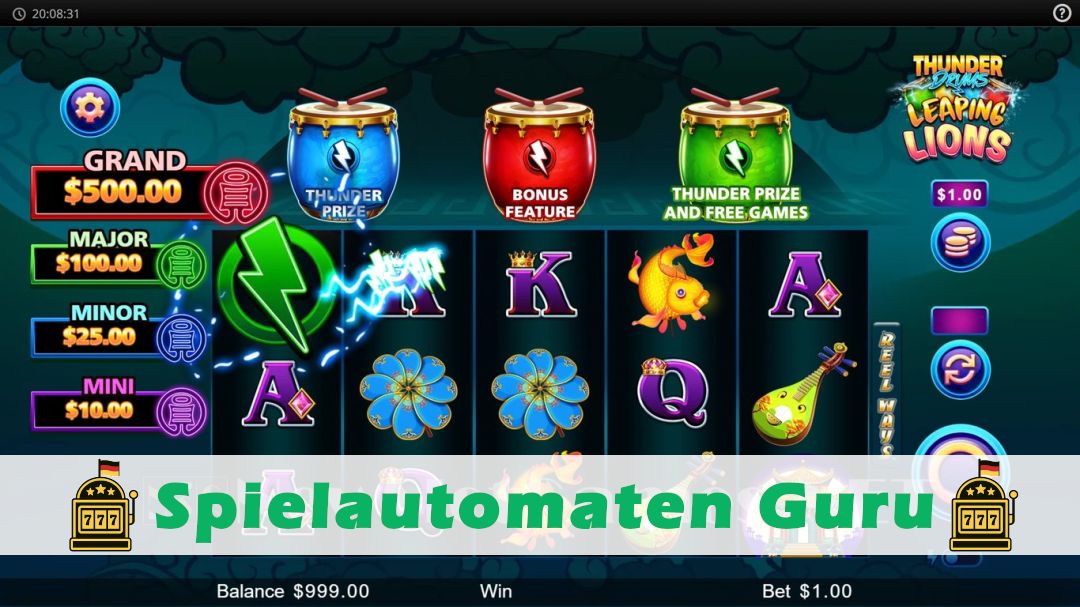 Screenshot der Demo-Version des Spiels Thunder Drums Leaping Lions Demo des Spielautomaten Thunder Drums Leaping Lions