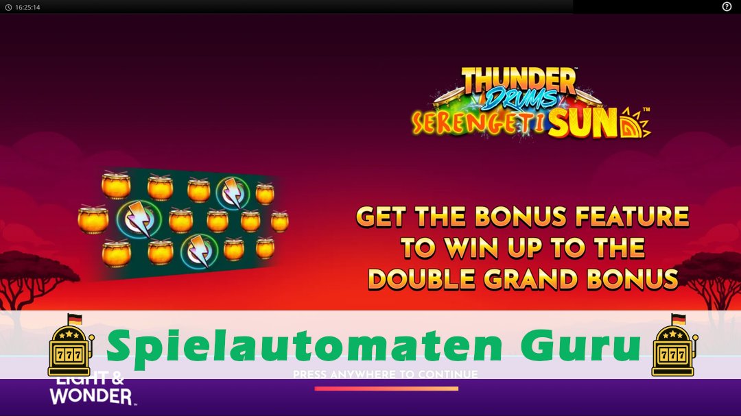 Screenshot der Demo-Version des Spiels Thunder Drums Serengeti Sun Demo des Spielautomaten Thunder Drums Serengeti Sun