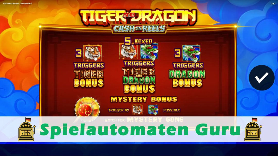 Screenshot der Demo-Version des Spiels Tiger and Dragon - Cash on Reels Demo des Spielautomaten Tiger and Dragon - Cash on Reels