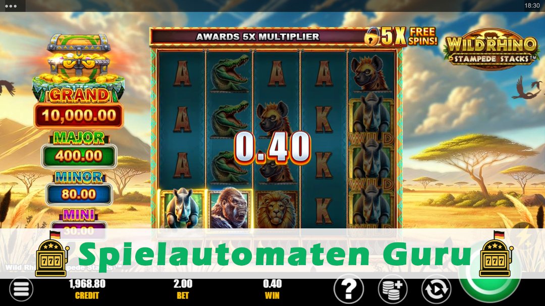 Screenshot der Demo-Version des Spiels Wild Rhino Stampede Stacks Demo des Spielautomaten Wild Rhino Stampede Stacks