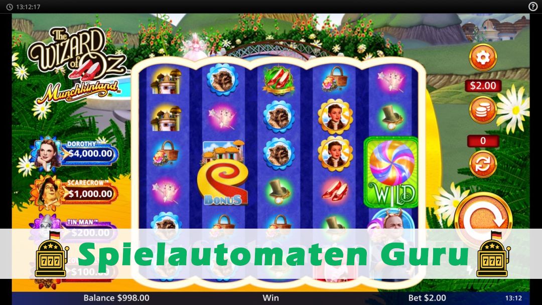 Screenshot der Demo-Version des Spiels The Wizard of Oz Munchkinland Demo des Spielautomaten The Wizard of Oz Munchkinland