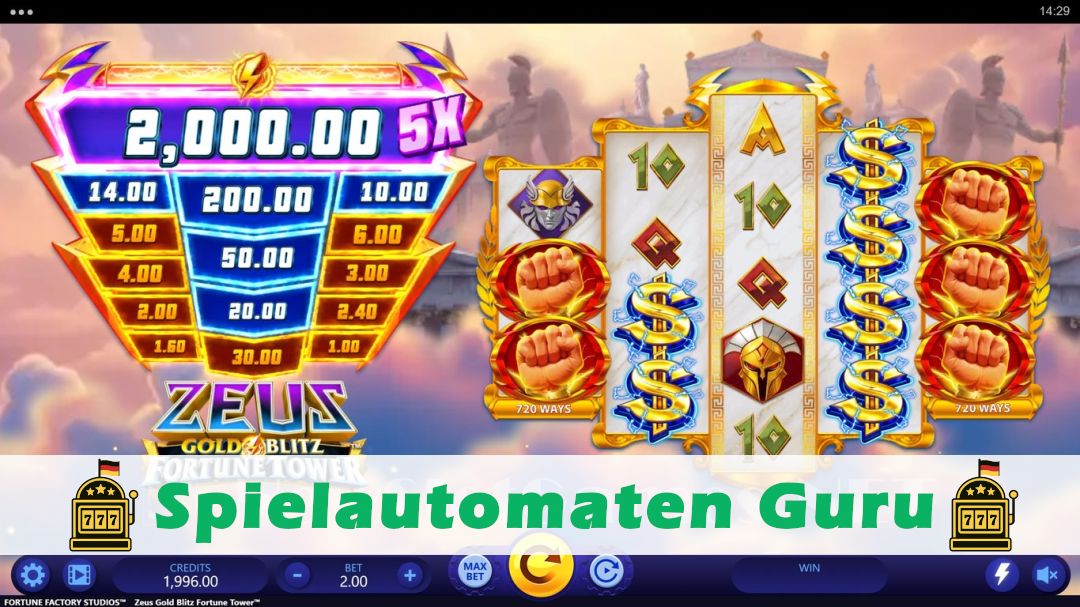 Screenshot der Demo-Version des Spiels Zeus Gold Blitz Fortune Tower Demo des Spielautomaten Zeus Gold Blitz Fortune Tower